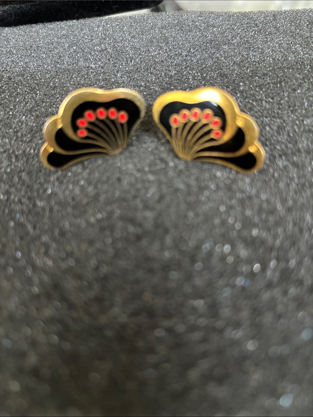 Laurel Burch Signed Gold,Red and Black Le Fleur Cloissone Women's Earrings